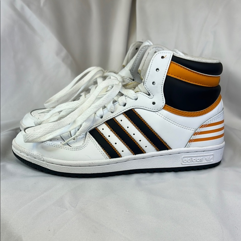 Adidas White and Orange High-Tops with Black Stripes